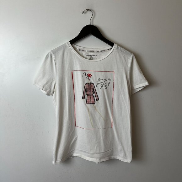 Karl Lagerfeld  Love From Paris T Shirt Womens White Medium M Fashion Designer - Picture 8 of 12